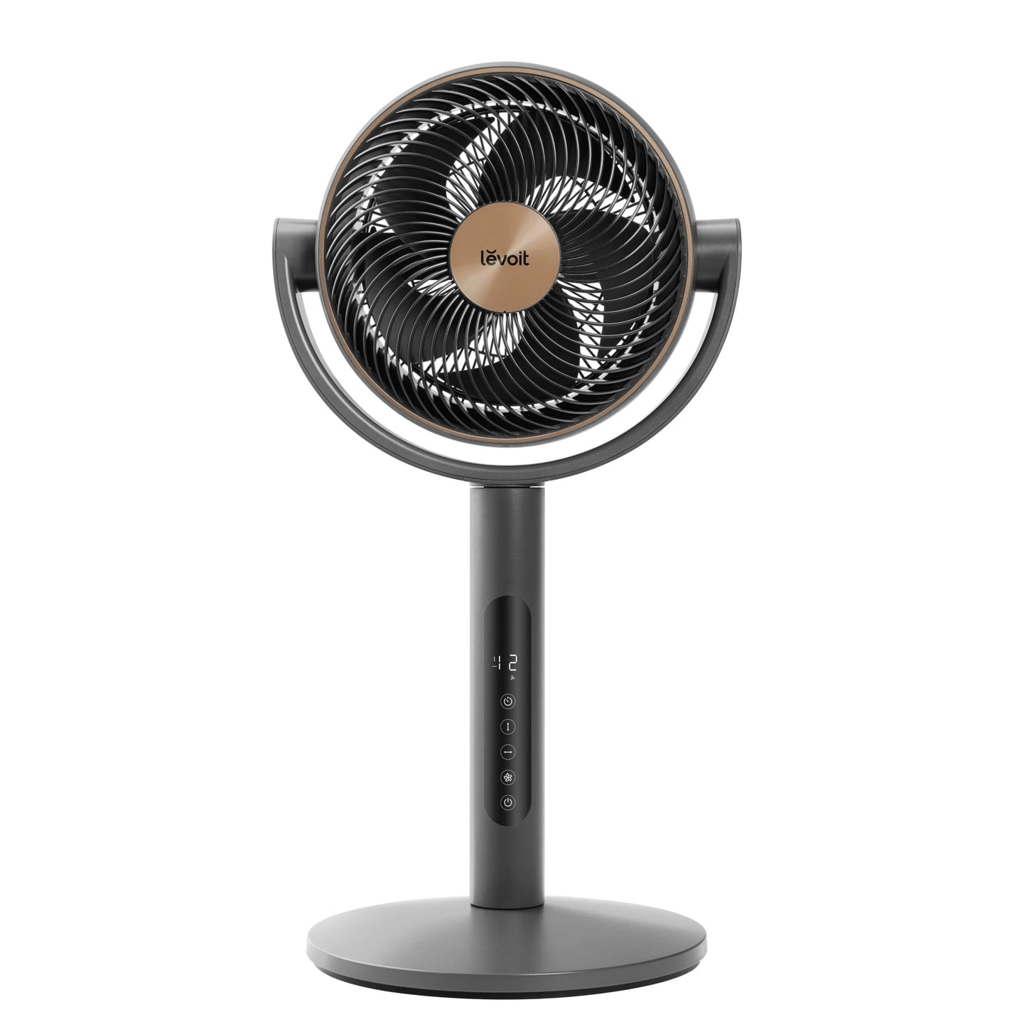 Ventilator Turn cu picior LEVOIT, LPF-R432-AEUR, 12 Viteze, 4 Moduri Funcționare, Senzor Temperatură, 110.8 cm, Oscilație 120°, Telecomandă, Negru & Auriu