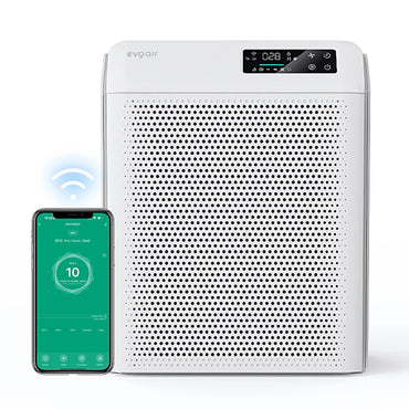 Purificator de aer Smart EVOAIR Homi P300, Wi-Fi, Filtru True HEPA, Mod Auto, Lampă UV, Ionizare, 6 Moduri Funcționare, Senzor Calitate Aer, Alb