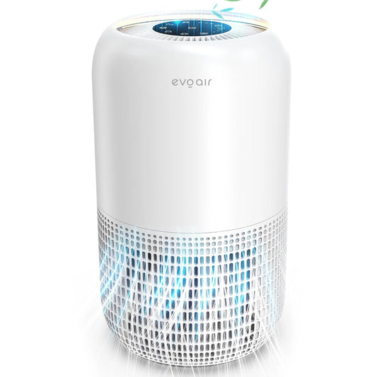Purificator de aer EVOAIR Yuvo, Lampă UV-C, Filtru 3 În 1, True HEPA, Carbon Activ, Pre-filtru, 4 Viteze, Funcție Polen/Animale, Mod Noapte, Blocare Ecran, Lumină Ambientală, Alb