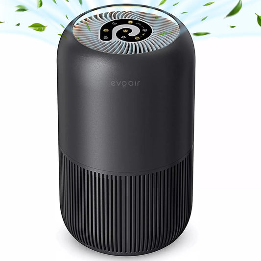 Purificator de aer EVOAIR YuvoSpin, Lampă UV-C, Filtru 3 în 1, True Hepa, Carbon Activ, Pre-filtru, 4 Viteze, Funcție Polen/Animale, Mod Noapte, Blocare Ecran, Lumină Ambientală, Negru