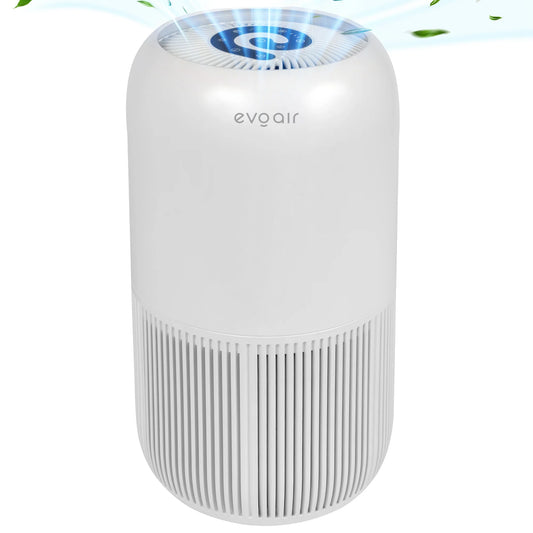 Purificator de aer EVOAIR YuvoSpin, Lampă UV-C, Filtru 3 în 1, True HEPA, Carbon Activ, Pre-filtru, 4 Viteze, Funcție Polen/Animale, Mod Noapte, Blocare Ecran, Lumină Ambientală, Alb