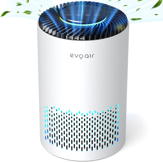 Purificator de aer EVOAIR Zuno, Filtru 3 în 1 True HEPA, Carbon Activ, Lampă UV, 3 Viteze, Mod Noapte, Aromaterapie, Lumină Ambientală, Timer, Alb