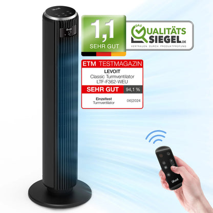 Ventilator Turn LEVOIT, 5 Viteze, 4 Moduri Funcționare, 92 cm, Oscilație 90°, Telecomandă, Negru