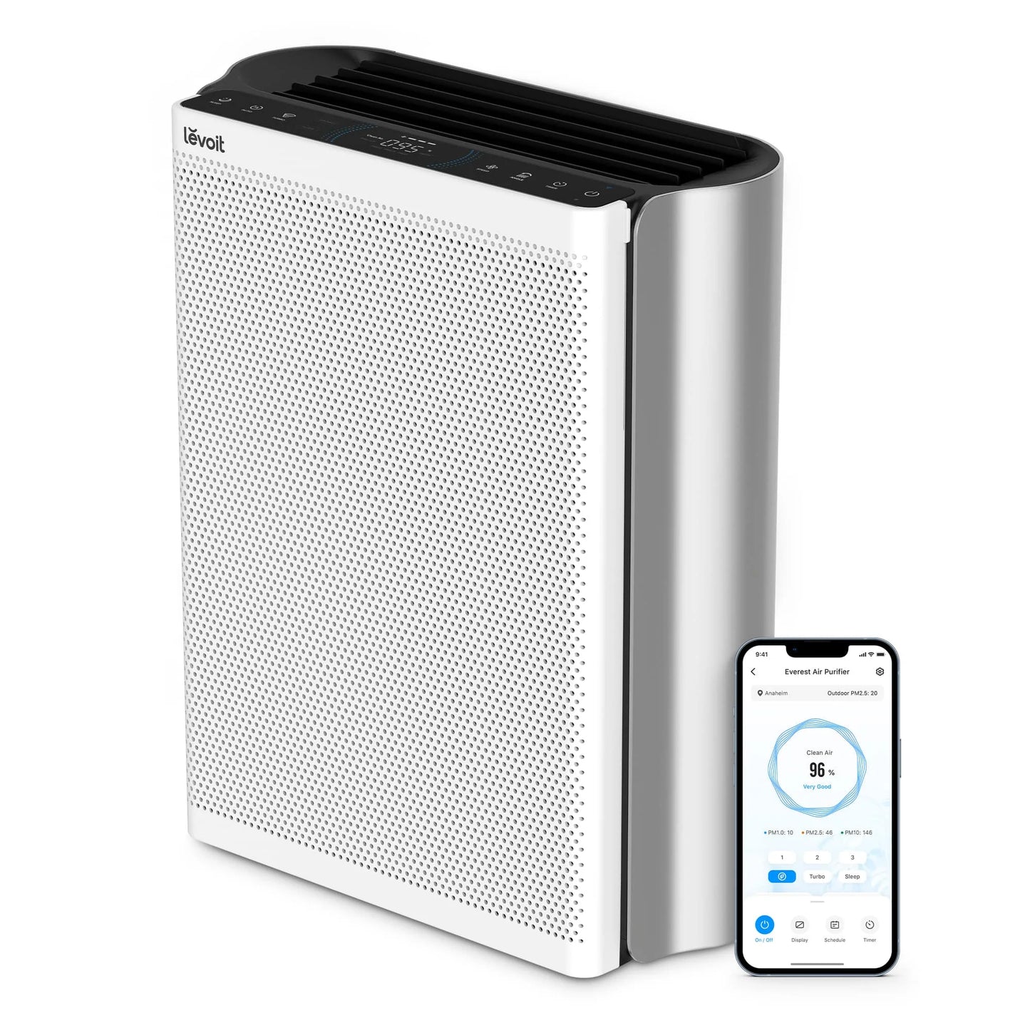 Purificator de aer Smart LEVOIT EverestAir Wi-Fi, Filtru True HEPA, Carbon Activ, Flux de Aer Multidirecțional, Mod Auto, Compatibil Alexa & Google Home, Touch Screen, Gri