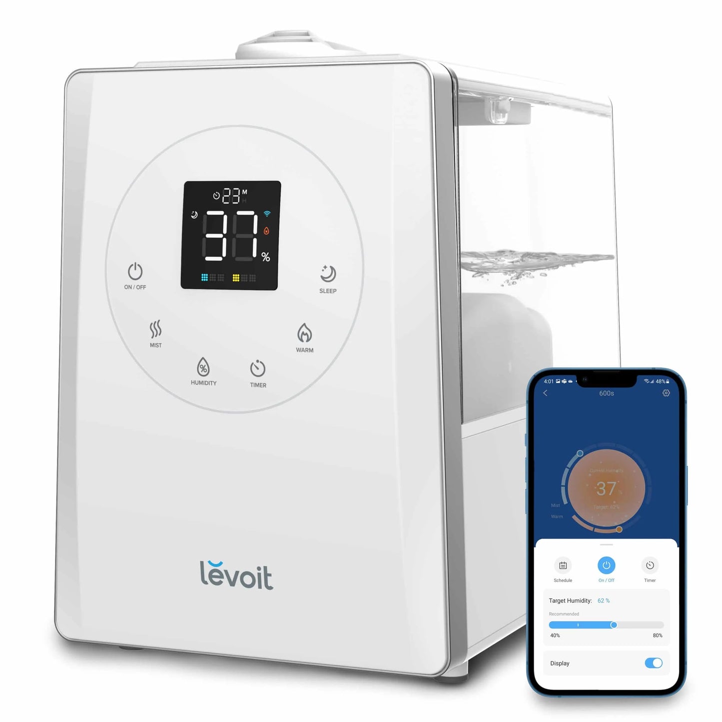 Umidificator de aer Smart Hybrid LEVOIT LV600S, Wi-Fi, Ultrasonic, Rezervor 6L, Silențios, Aromaterapie, Funcție AUTO, Autonomie 50 ore