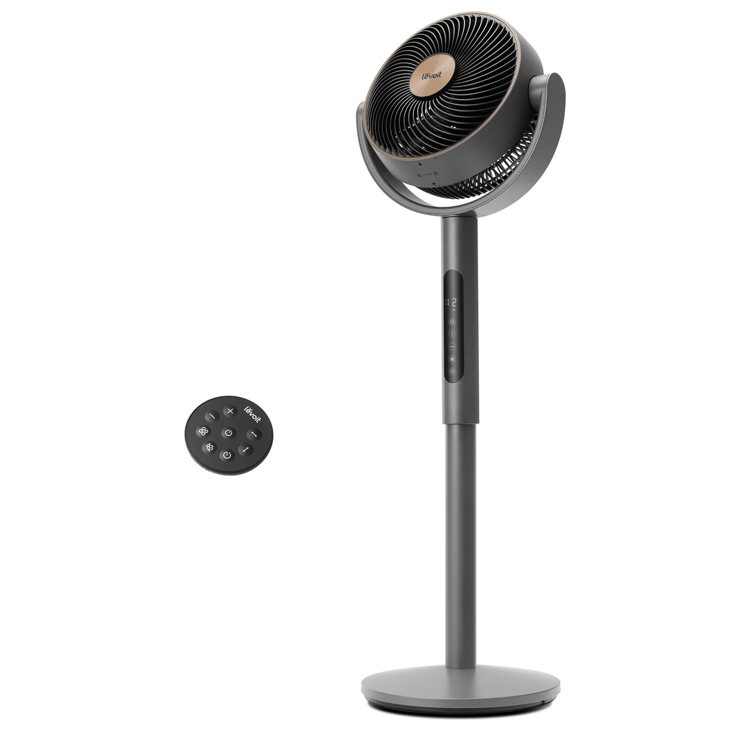 Ventilator Turn cu picior LEVOIT, LPF-R432-AEUR, 12 Viteze, 4 Moduri Funcționare, Senzor Temperatură, 110.8 cm, Oscilație 120°, Telecomandă, Negru & Auriu