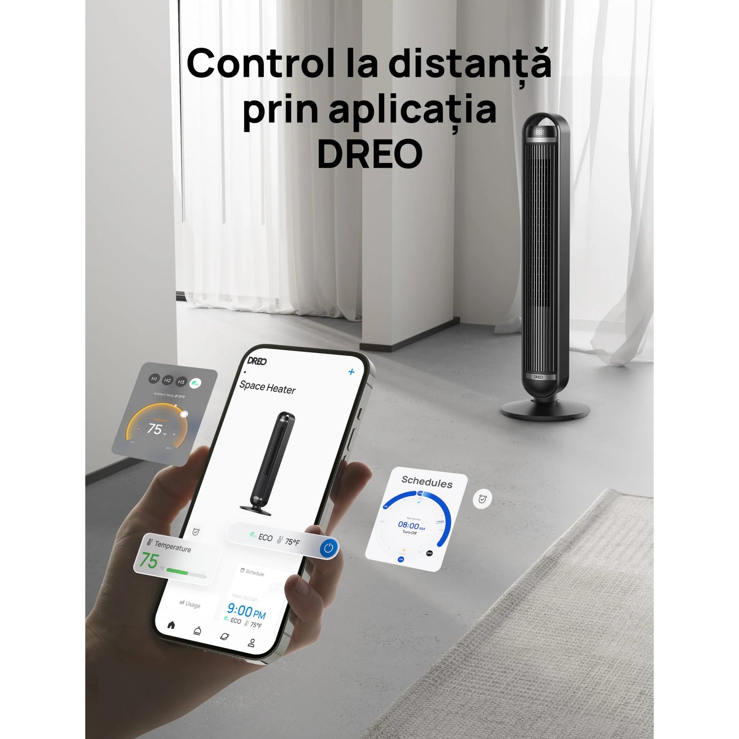 Ventilator Turn Smart DREO Cruiser DR-HTF011S, 9 Viteze, 4 Moduri Funcționare, 106 cm, HyperSilent 25dB, Oscilație 90°, Telecomandă, Negru