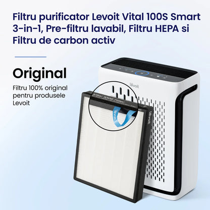 Filtru purificator de aer LEVOIT Vital 100S, Original, 3 în 1, Pre-filtru lavabil, True HEPA, Carbon Activ cu eficiență ridicată