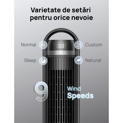 Ventilator Turn Smart DREO Cruiser DR-HTF011S, 9 Viteze, 4 Moduri Funcționare, 106 cm, HyperSilent 25dB, Oscilație 90°, Telecomandă, Negru