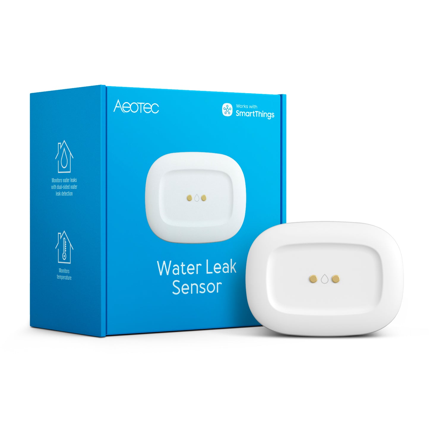 Senzor Smart AEOTEC Water Leak, Tehnologie Zigbee 3.0, Detectare Scurgeri & Inundații, Monitorizare Temperatură, Notificări SmartThings, Compact & Slim, Baterie CR2