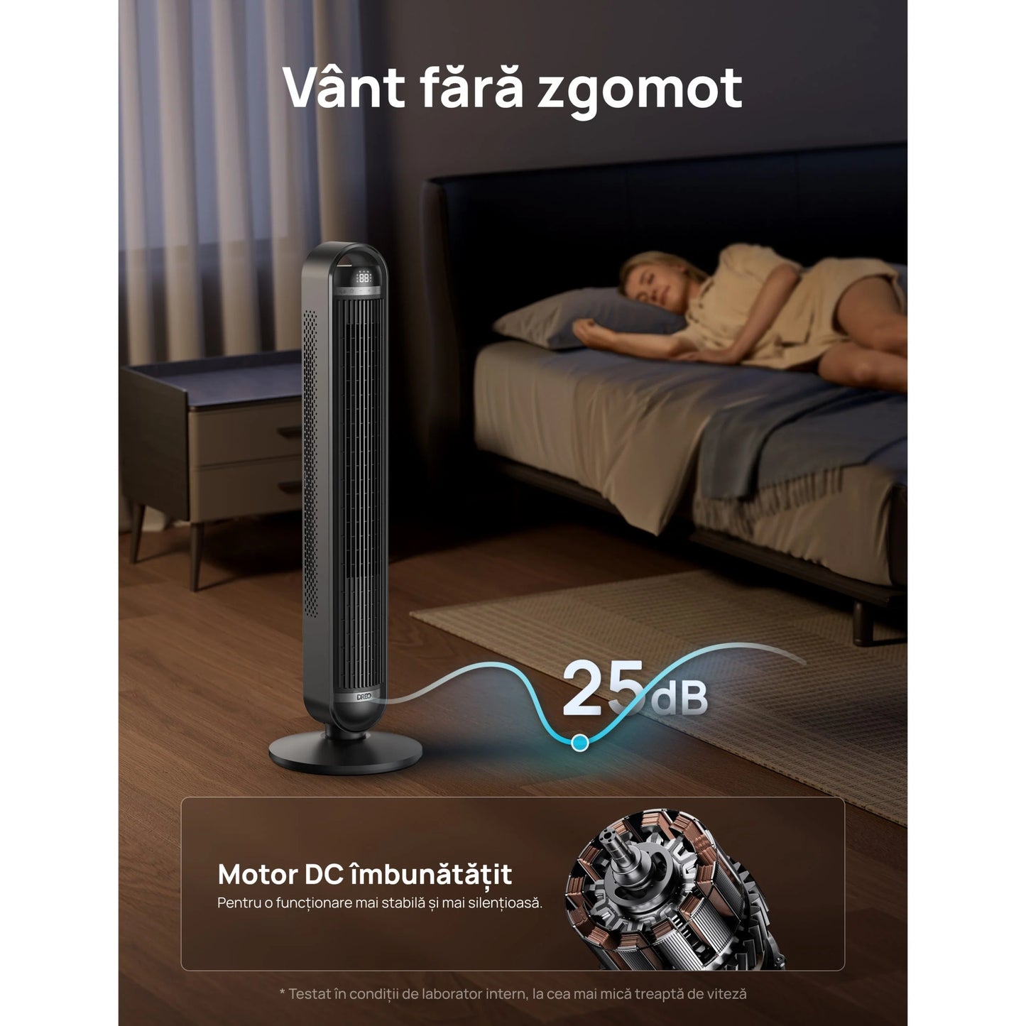 Ventilator Turn Smart DREO Cruiser DR-HTF011S, 9 Viteze, 4 Moduri Funcționare, 106 cm, HyperSilent 25dB, Oscilație 90°, Telecomandă, Negru