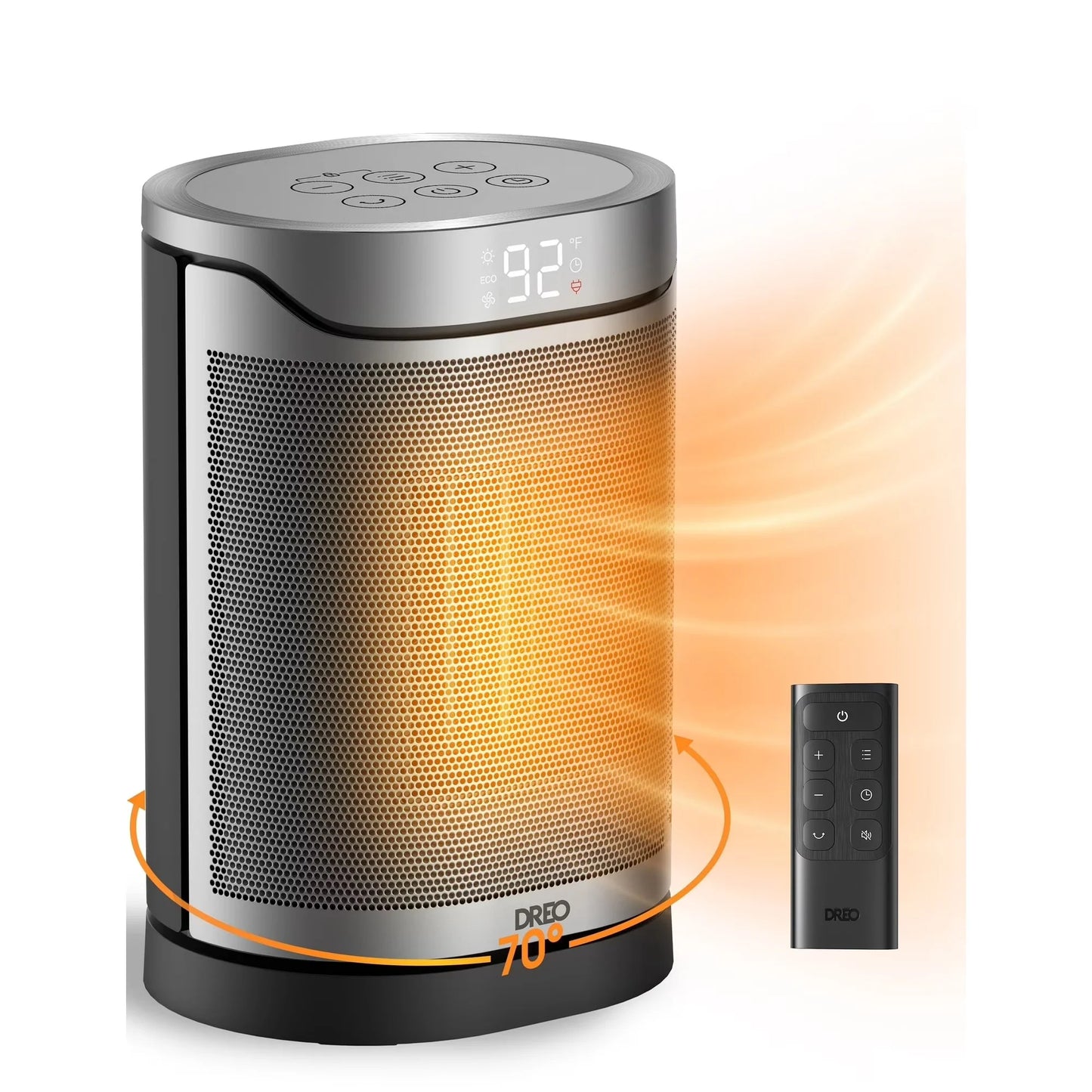 Aerotermă DREO Atom 318, 1500W, Heater Ceramică, Termostat, ECO Mode, Funcție Ventilator, Oscilație 70°, Timer 12 ore, Display LED, Telecomandă, Negru & Argintiu