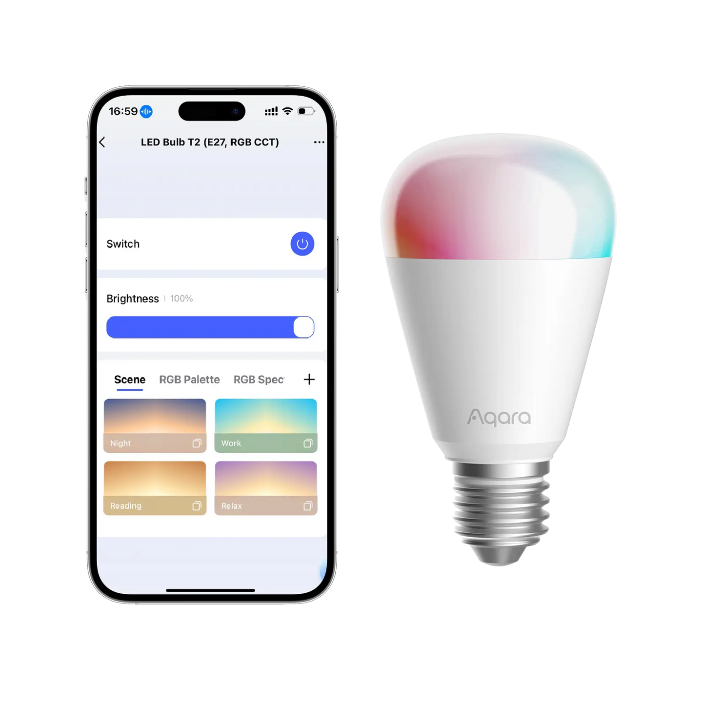 Bec LED Smart AQARA LED T2 E27, RGB CCT 2000-9000K, 16 Milioane Culori, 1100lm, Zigbee & Matter over Thread, Compatibil HomeKit/Alexa/Google, Adaptive Lighting, Automatizări Smart Home