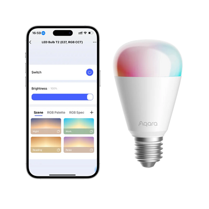 Bec LED Smart AQARA LED T2 E27, RGB CCT 2000-9000K, 16 Milioane Culori, 1100lm, Zigbee & Matter over Thread, Compatibil HomeKit/Alexa/Google, Adaptive Lighting, Automatizări Smart Home