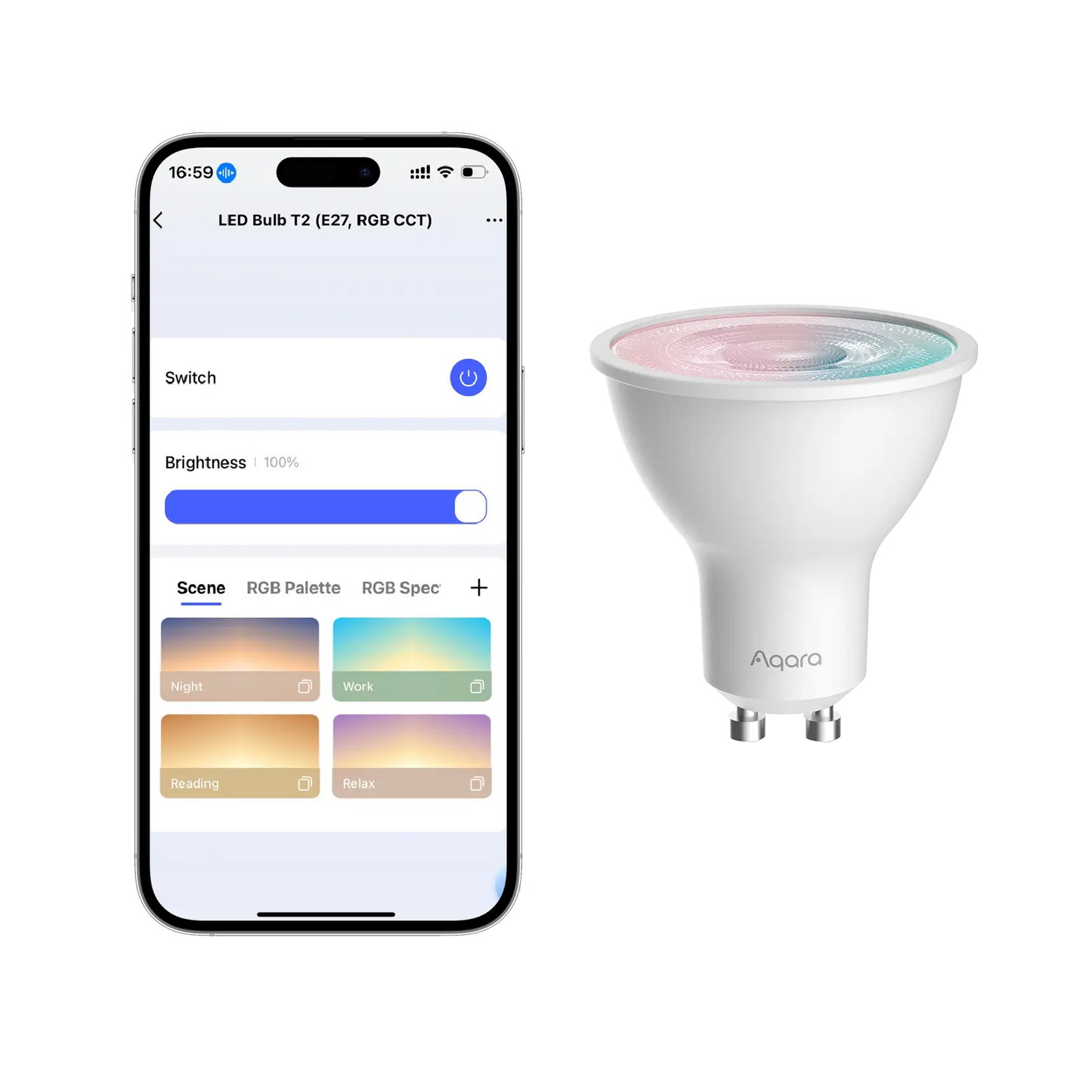 Bec LED Smart AQARA LED T2 GU10, RGB CCT 2000-9000K, 16 Milioane Culori, 450lm, Zigbee & Matter over Thread, Compatibil HomeKit/Alexa/Google, Adaptive Lighting, Automatizări Smart Home
