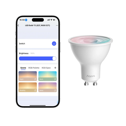 Bec LED Smart AQARA LED T2 GU10, RGB CCT 2000-9000K, 16 Milioane Culori, 450lm, Zigbee & Matter over Thread, Compatibil HomeKit/Alexa/Google, Adaptive Lighting, Automatizări Smart Home