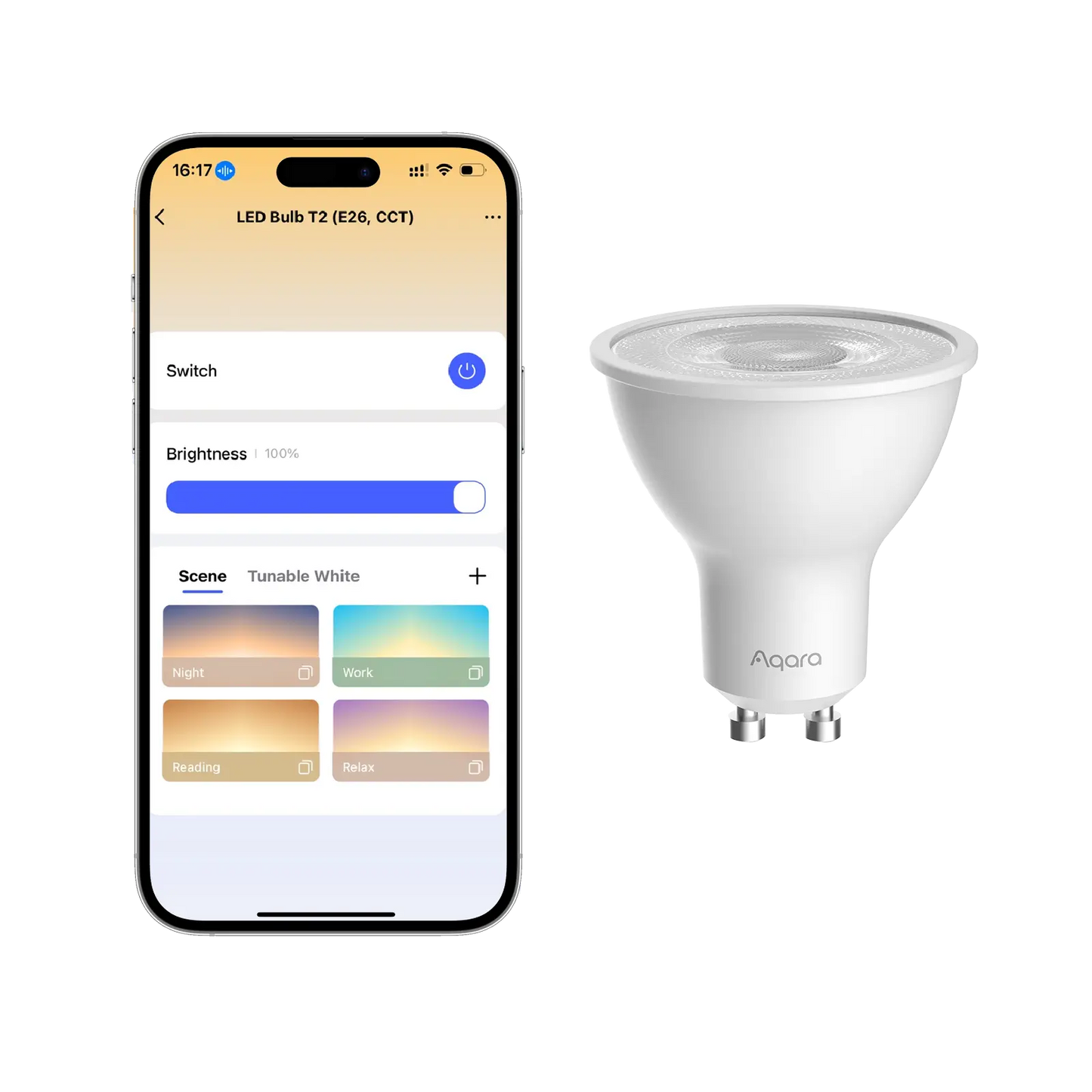 Bec LED Smart AQARA LED T2 GU10, CCT 2700-6500K, 16 Milioane Culori, 450lm, Zigbee & Matter over Thread, Compatibil HomeKit/Alexa/Google, Adaptive Lighting, Automatizări Smart Home