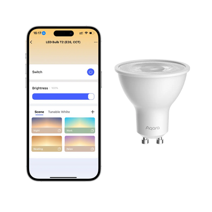 Bec LED Smart AQARA LED T2 GU10, CCT 2700-6500K, 16 Milioane Culori, 450lm, Zigbee & Matter over Thread, Compatibil HomeKit/Alexa/Google, Adaptive Lighting, Automatizări Smart Home