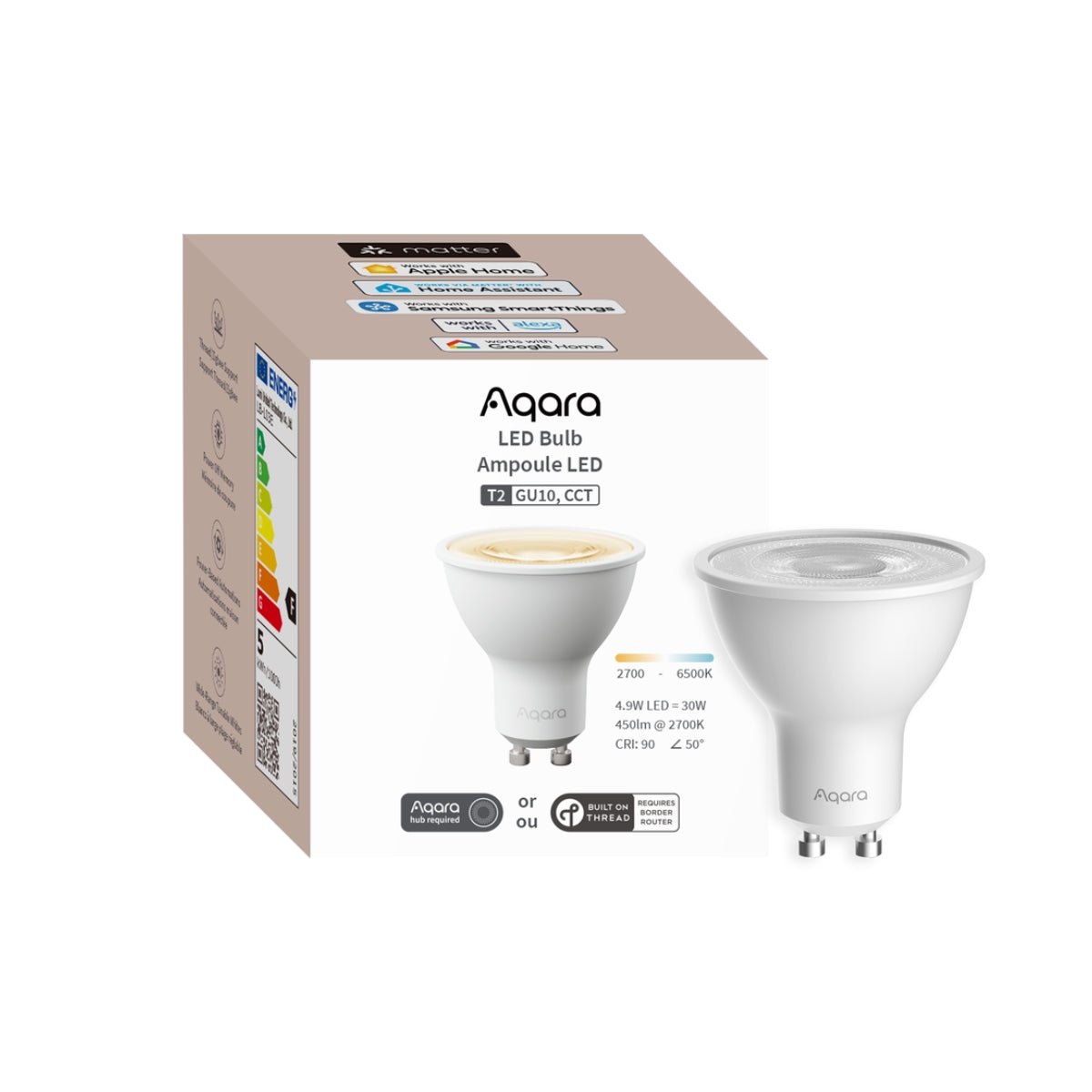 Bec LED Smart AQARA LED T2 GU10, CCT 2700-6500K, 16 Milioane Culori, 450lm, Zigbee & Matter over Thread, Compatibil HomeKit/Alexa/Google, Adaptive Lighting, Automatizări Smart Home
