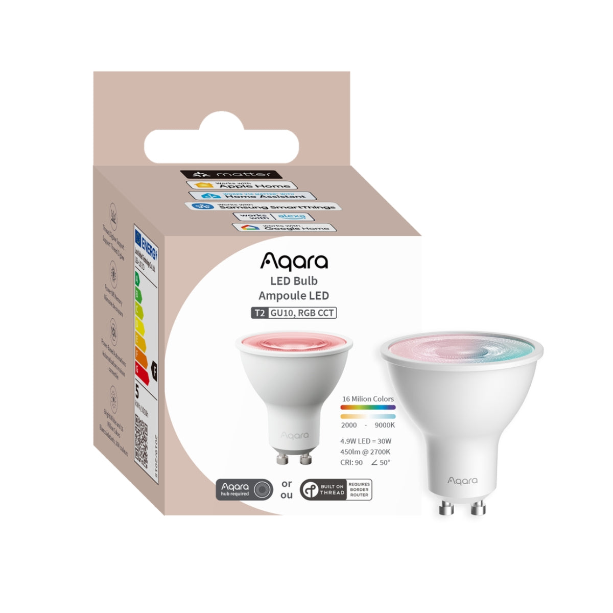 Bec LED Smart AQARA LED T2 GU10, RGB CCT 2000-9000K, 16 Milioane Culori, 450lm, Zigbee & Matter over Thread, Compatibil HomeKit/Alexa/Google, Adaptive Lighting, Automatizări Smart Home