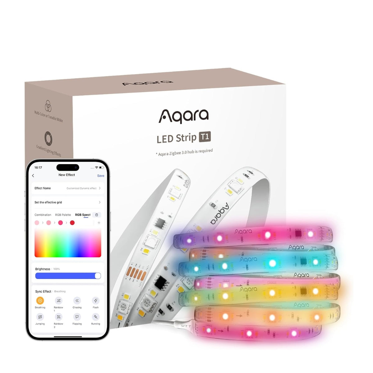 Bandă LED Smart AQARA LED Strip T1, RGBIC + Alb Reglabil (Zigbee 3.0, 16 Milioane Culori, Gradient Multicolor, Repeater Zigbee, Compatibilă Matter/HomeKit/Google/Alexa/IFTTT), 2 m