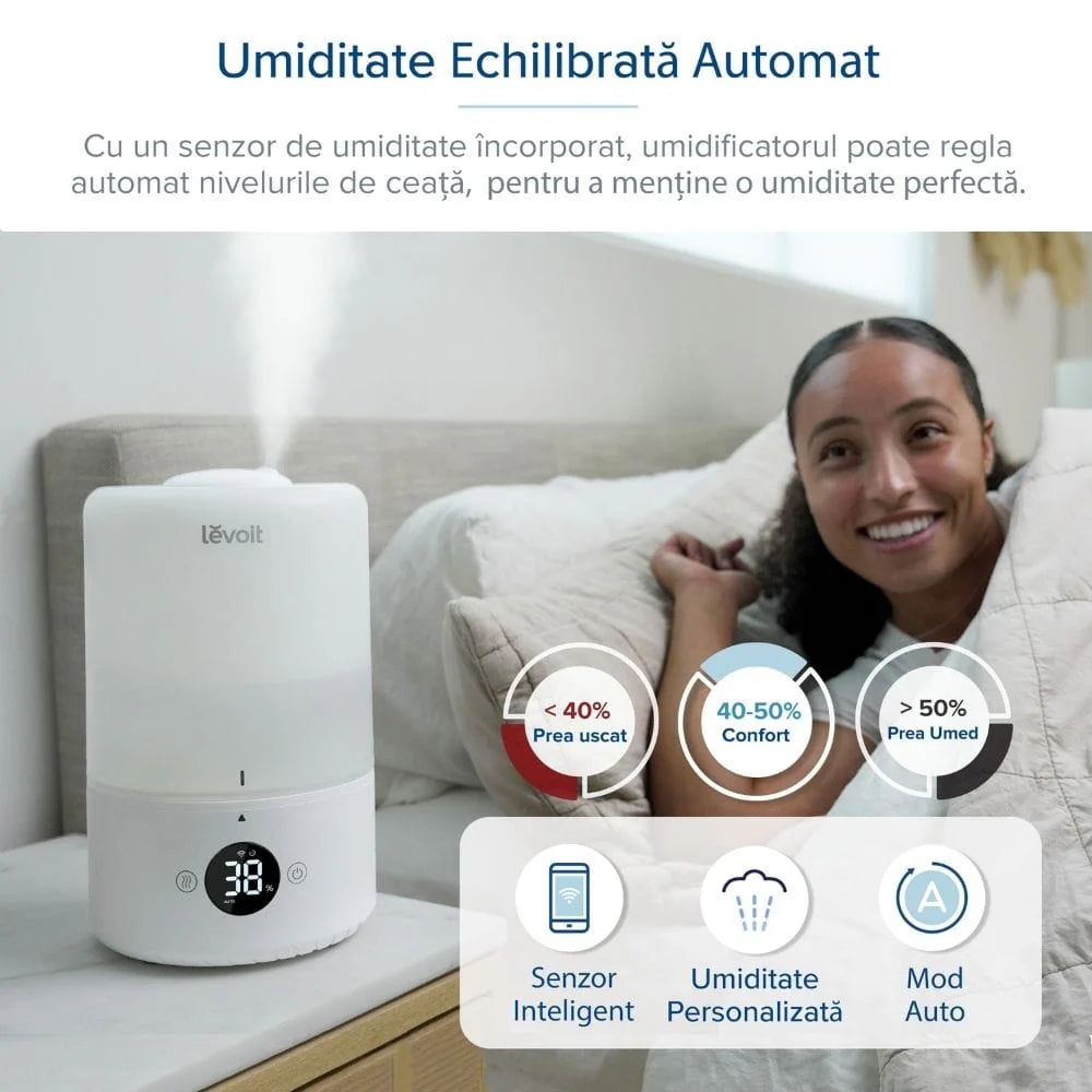 Umidificator de aer Smart LEVOIT Dual 200S, Wi-Fi, Ultrasonic, Rezervor 3L, Silențios, Aromaterapie, Funcție AUTO, Autonomie 25 ore