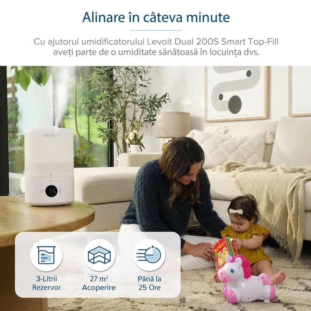 Umidificator de aer Smart LEVOIT Dual 200S, Wi-Fi, Ultrasonic, Rezervor 3L, Silențios, Aromaterapie, Funcție AUTO, Autonomie 25 ore