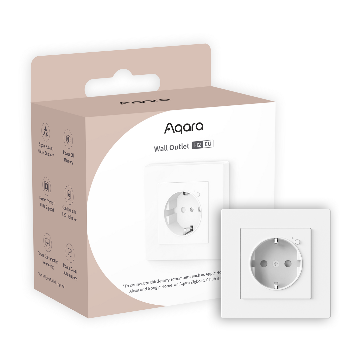 Priză Smart AQARA Wall Outlet H2 EU, Tip F (Zigbee 3.0 & Matter, 16A, Monitorizare Consum, Protecție Suprasarcină, Compatibil HomeKit/Google/Alexa/IFTTT)