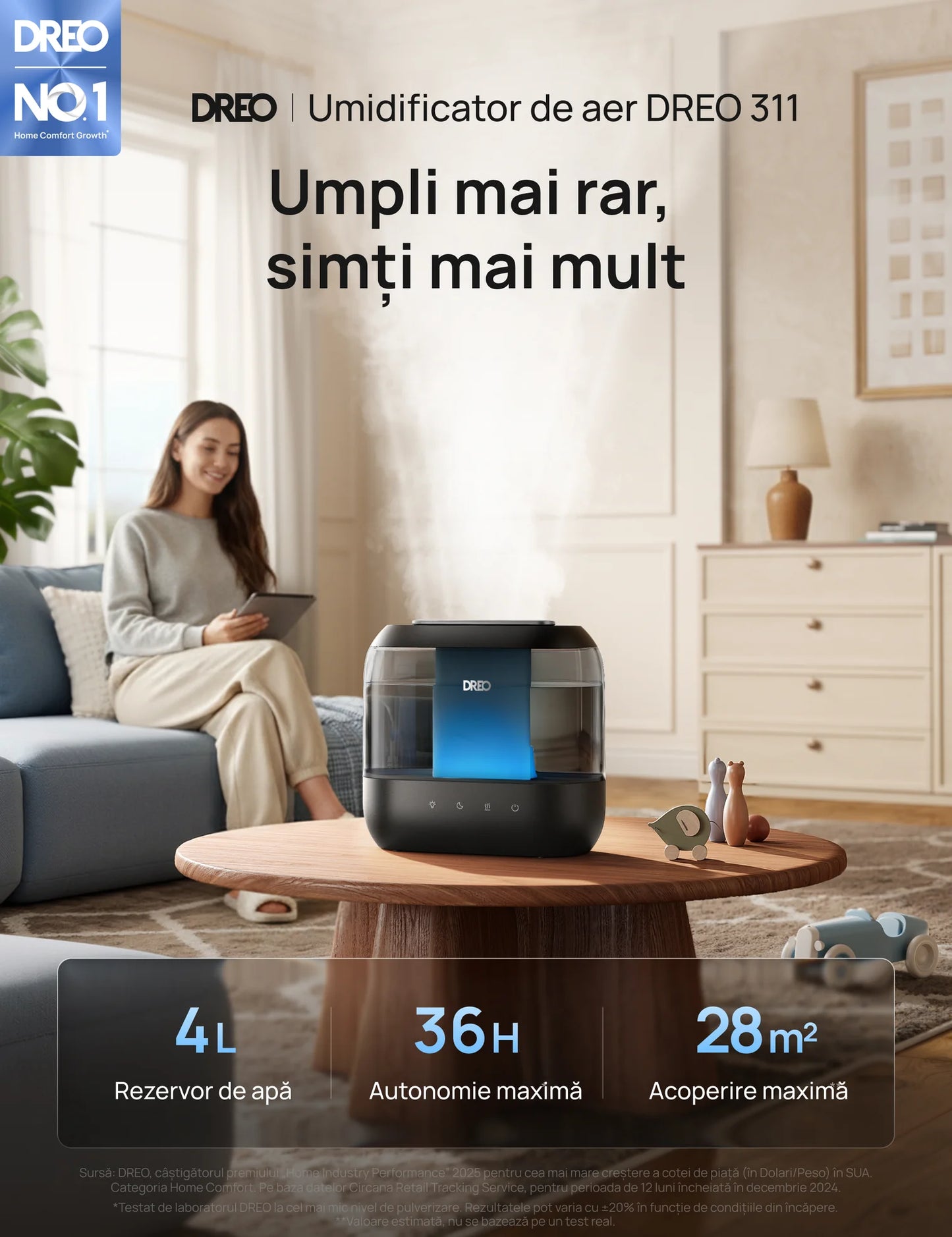 Umidificator de aer Smart DREO 311S, Funcție AUTO, Aromaterapie, Ceață Rece, Rezervor 4L, Autonomie 36 ore, Negru