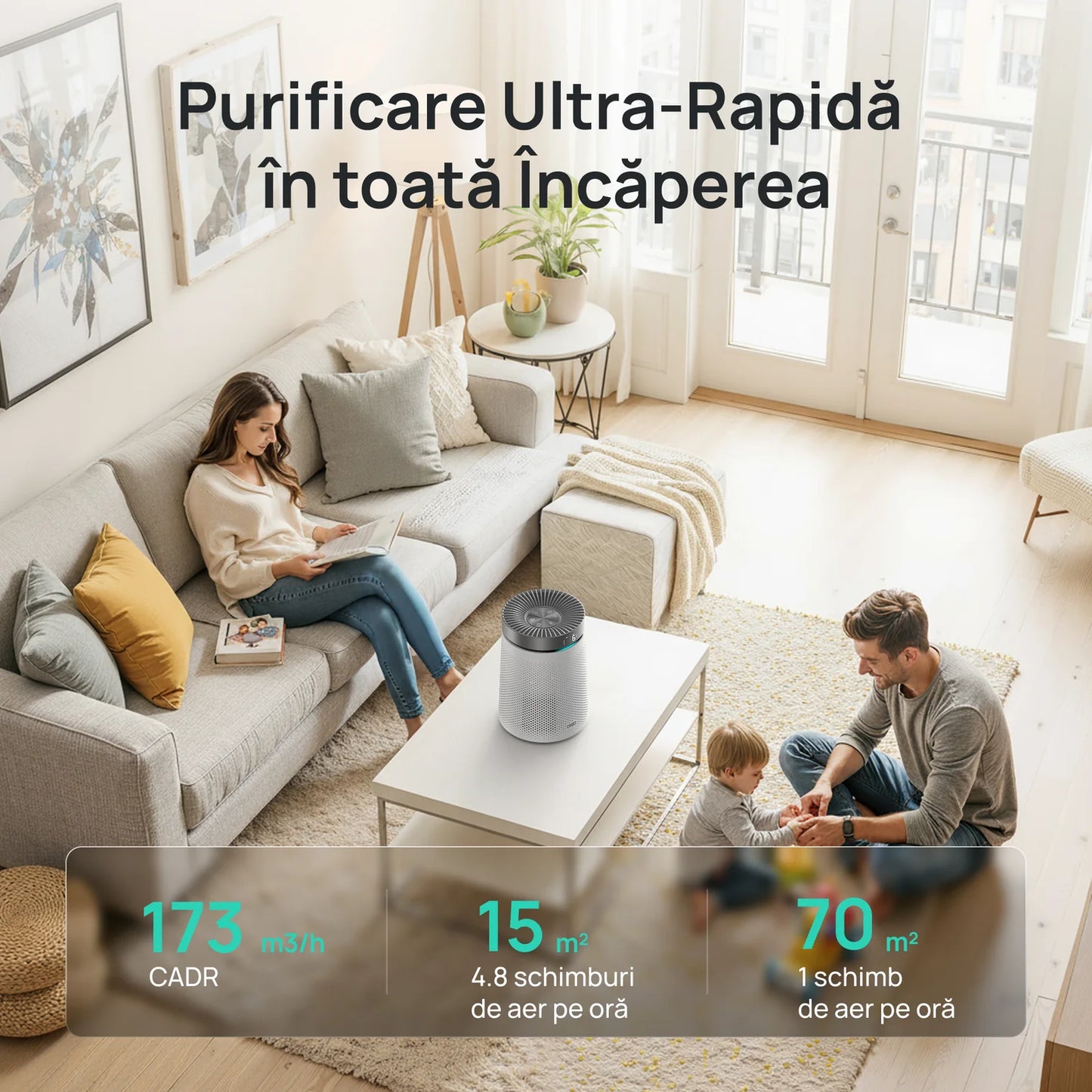 Purificator de Aer Smart DREO Macro AP606, Filtru 3 în 1 H13 True HEPA, Carbon Activ, Senzor Calitate Aer, Mod Auto, Lumină Ambientală, Timer, Touch Screen, Alb