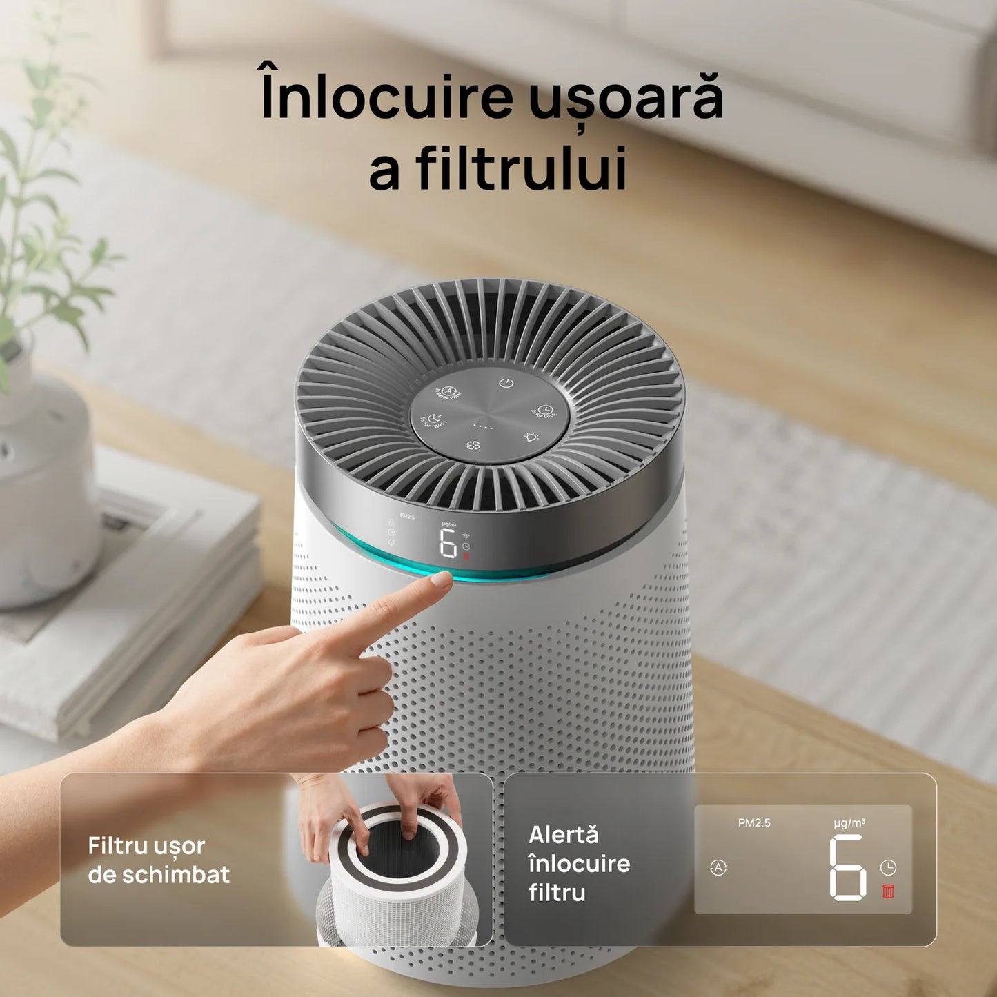 Purificator de Aer Smart DREO Macro AP606, Filtru 3 în 1 H13 True HEPA, Carbon Activ, Senzor Calitate Aer, Mod Auto, Lumină Ambientală, Timer, Touch Screen, Alb