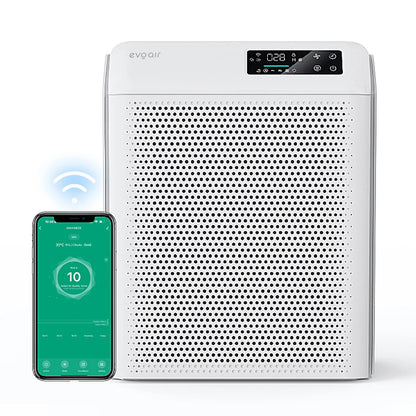 Purificator de aer Smart EVOAIR Homi P300, Wi-Fi, Filtru True HEPA, Mod Auto, Lampă UV, Ionizare, 6 Moduri Funcționare, Senzor Calitate Aer, Alb