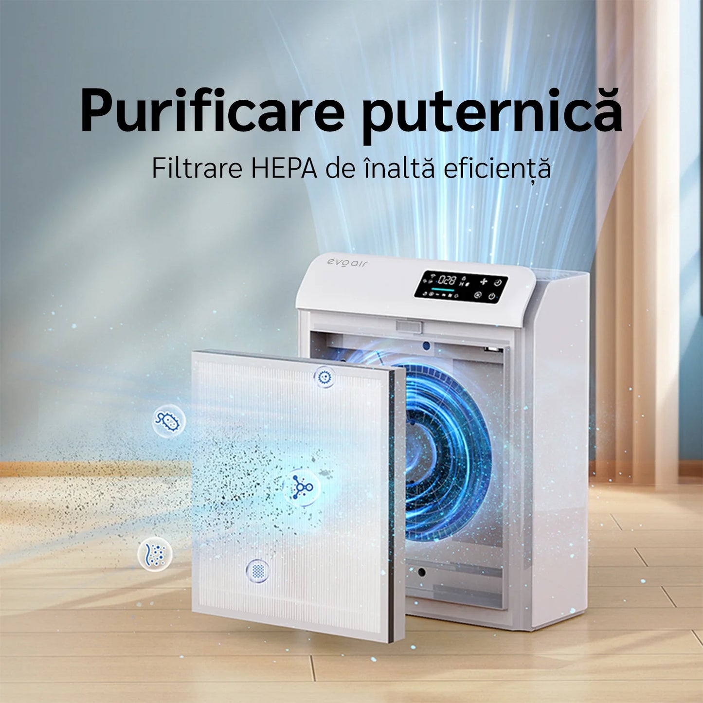 Filtru purificator de aer EVOAIR Homi P300, Original, 3 în 1, Pre-filtru, True HEPA, Carbon Activ