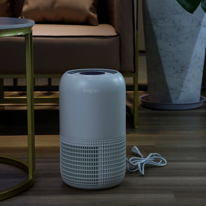 Purificator de aer EVOAIR Yuvo, Lampă UV-C, Filtru 3 În 1, True HEPA, Carbon Activ, Pre-filtru, 4 Viteze, Funcție Polen/Animale, Mod Noapte, Blocare Ecran, Lumină Ambientală, Alb