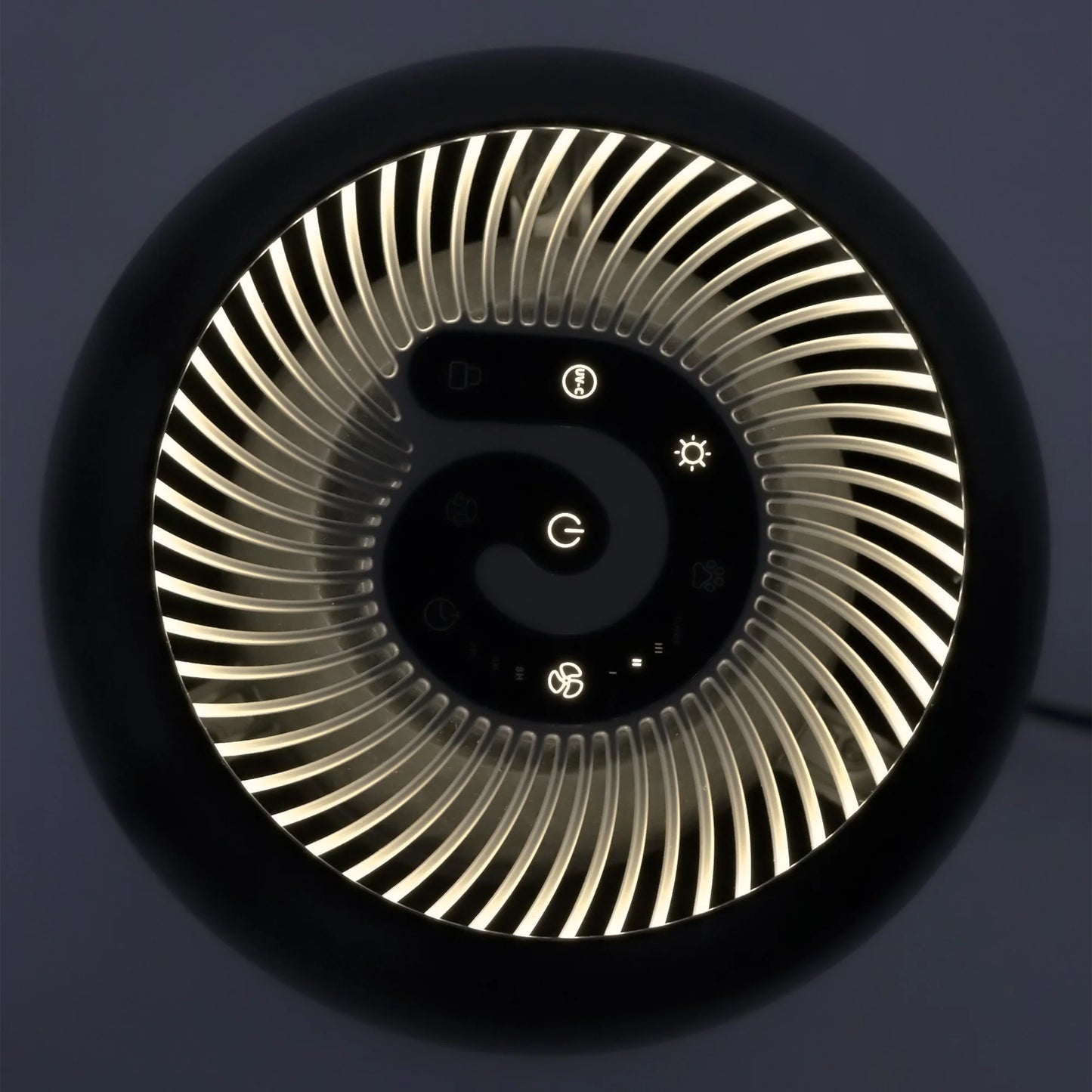 Purificator de aer EVOAIR YuvoSpin, Lampă UV-C, Filtru 3 în 1, True Hepa, Carbon Activ, Pre-filtru, 4 Viteze, Funcție Polen/Animale, Mod Noapte, Blocare Ecran, Lumină Ambientală, Negru