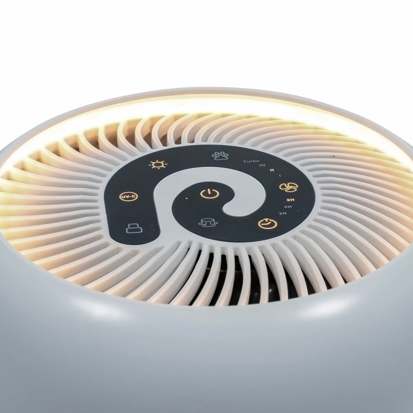 Purificator de aer EVOAIR YuvoSpin, Lampă UV-C, Filtru 3 în 1, True HEPA, Carbon Activ, Pre-filtru, 4 Viteze, Funcție Polen/Animale, Mod Noapte, Blocare Ecran, Lumină Ambientală, Alb