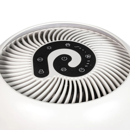 Purificator de aer EVOAIR YuvoSpin, Lampă UV-C, Filtru 3 în 1, True HEPA, Carbon Activ, Pre-filtru, 4 Viteze, Funcție Polen/Animale, Mod Noapte, Blocare Ecran, Lumină Ambientală, Alb