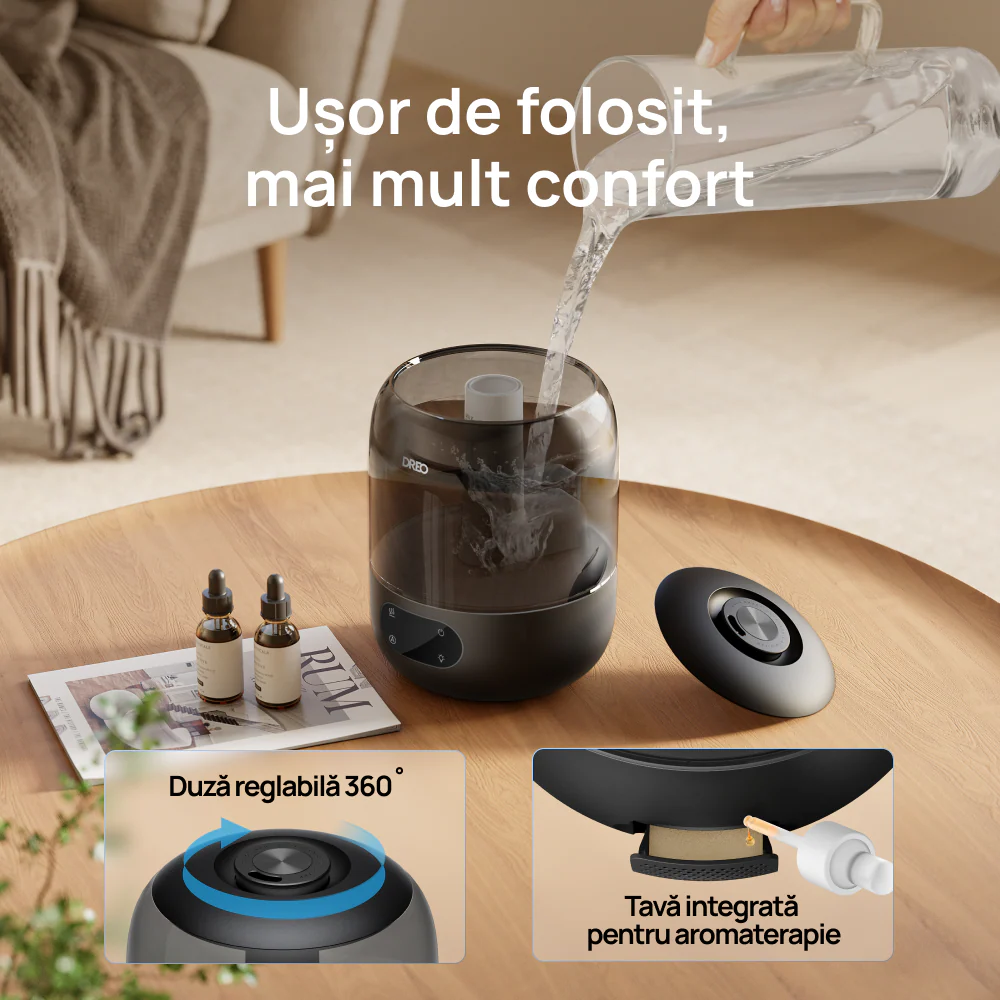 Umidificator de aer DREO 306, Funcție AUTO, Aromaterapie, Ceață Rece, Higrostat, Rezervor 3L, Autonomie 30 ore, Negru