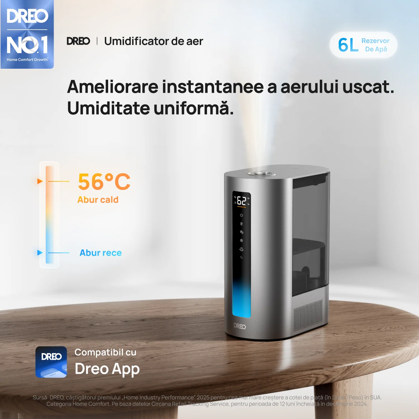 Umidificator de aer Smart DREO 713S, Funcție AUTO, Funcție încălzire, 3 Trepte Umidificare, Duză de ceață, Aromaterapie, Rezervor 6L, Autonomie 60 ore, Argintiu