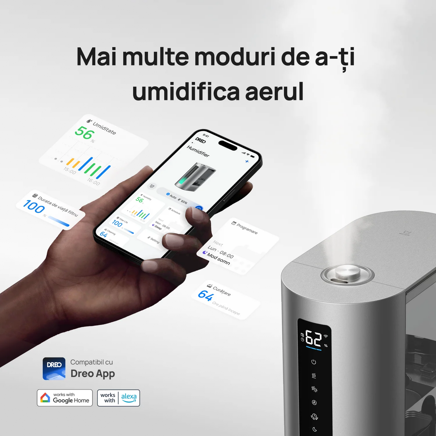 Umidificator de aer Smart DREO 713S, Funcție AUTO, Funcție încălzire, 3 Trepte Umidificare, Duză de ceață, Aromaterapie, Rezervor 6L, Autonomie 60 ore, Argintiu