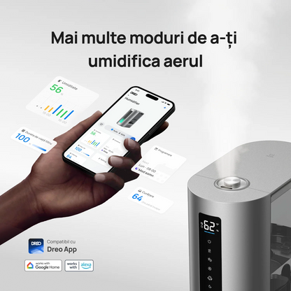 Umidificator de aer Smart DREO 713S, Funcție AUTO, Funcție încălzire, 3 Trepte Umidificare, Duză de ceață, Aromaterapie, Rezervor 6L, Autonomie 60 ore, Argintiu