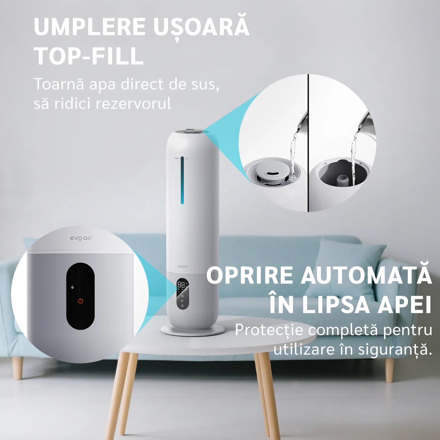 Umidificator de aer EVOAIR Umio, Funcție AUTO, Aromaterapie, Duză de ceață, Rezervor 8L, Autonomie 40 ore