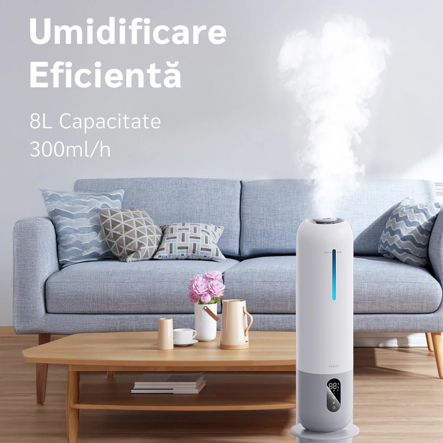 Umidificator de aer EVOAIR Umio, Funcție AUTO, Aromaterapie, Duză de ceață, Rezervor 8L, Autonomie 40 ore