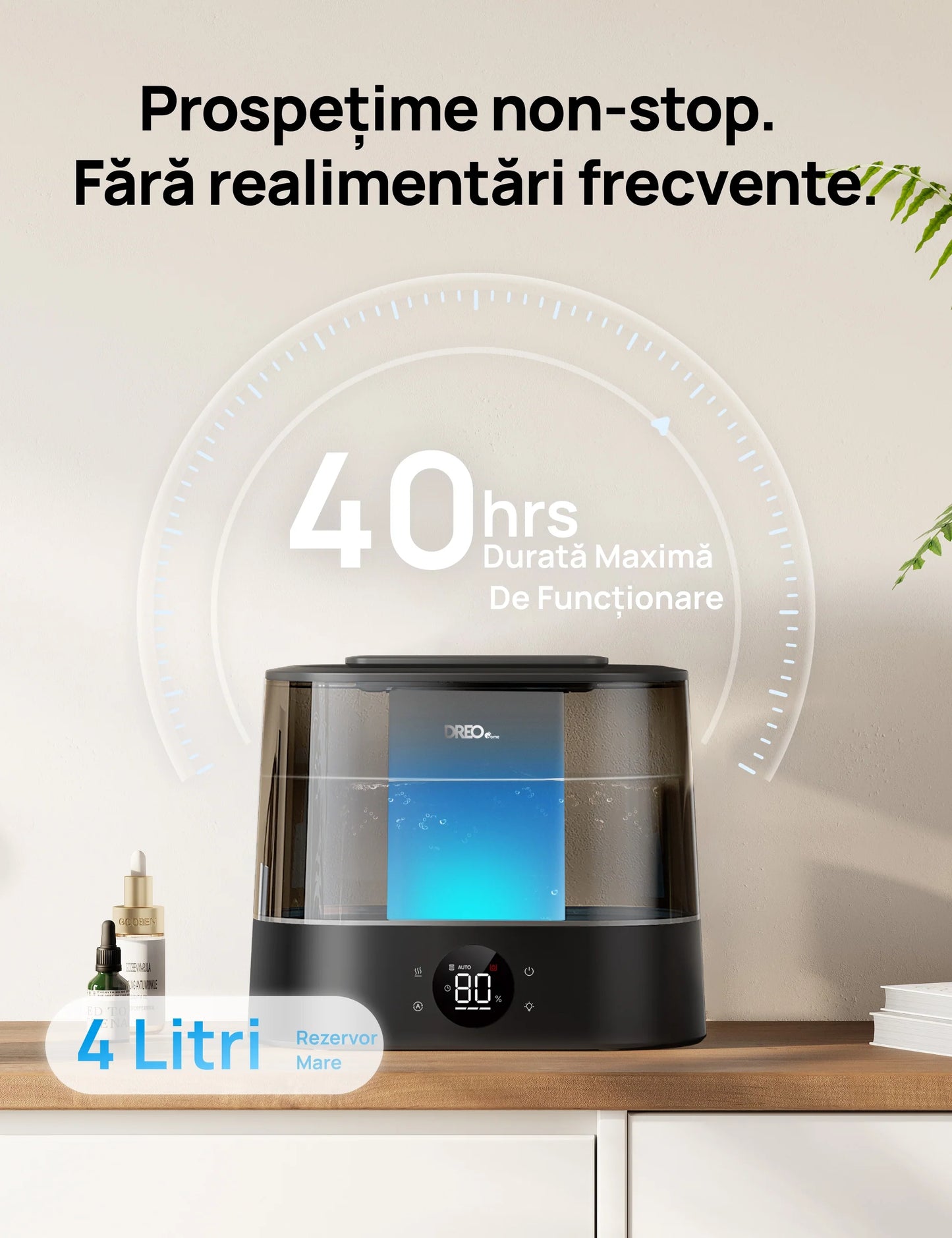 Umidificator de aer Smart DREO DR-HHM010S, Funcție AUTO, 3 trepte umidificare, Aromaterapie, Rezervor 4L, Autonomie 36 ore, Negru