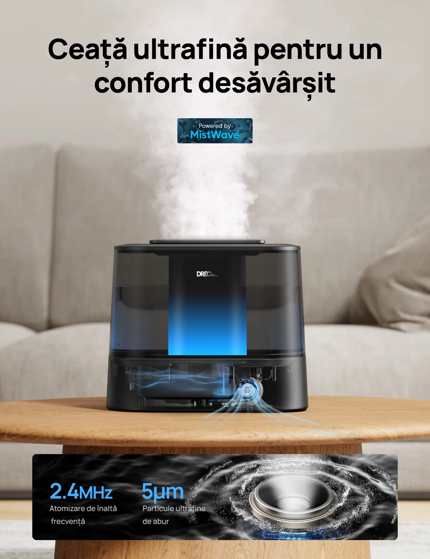 Umidificator de aer Smart DREO DR-HHM010S, Funcție AUTO, 3 trepte umidificare, Aromaterapie, Rezervor 4L, Autonomie 36 ore, Negru