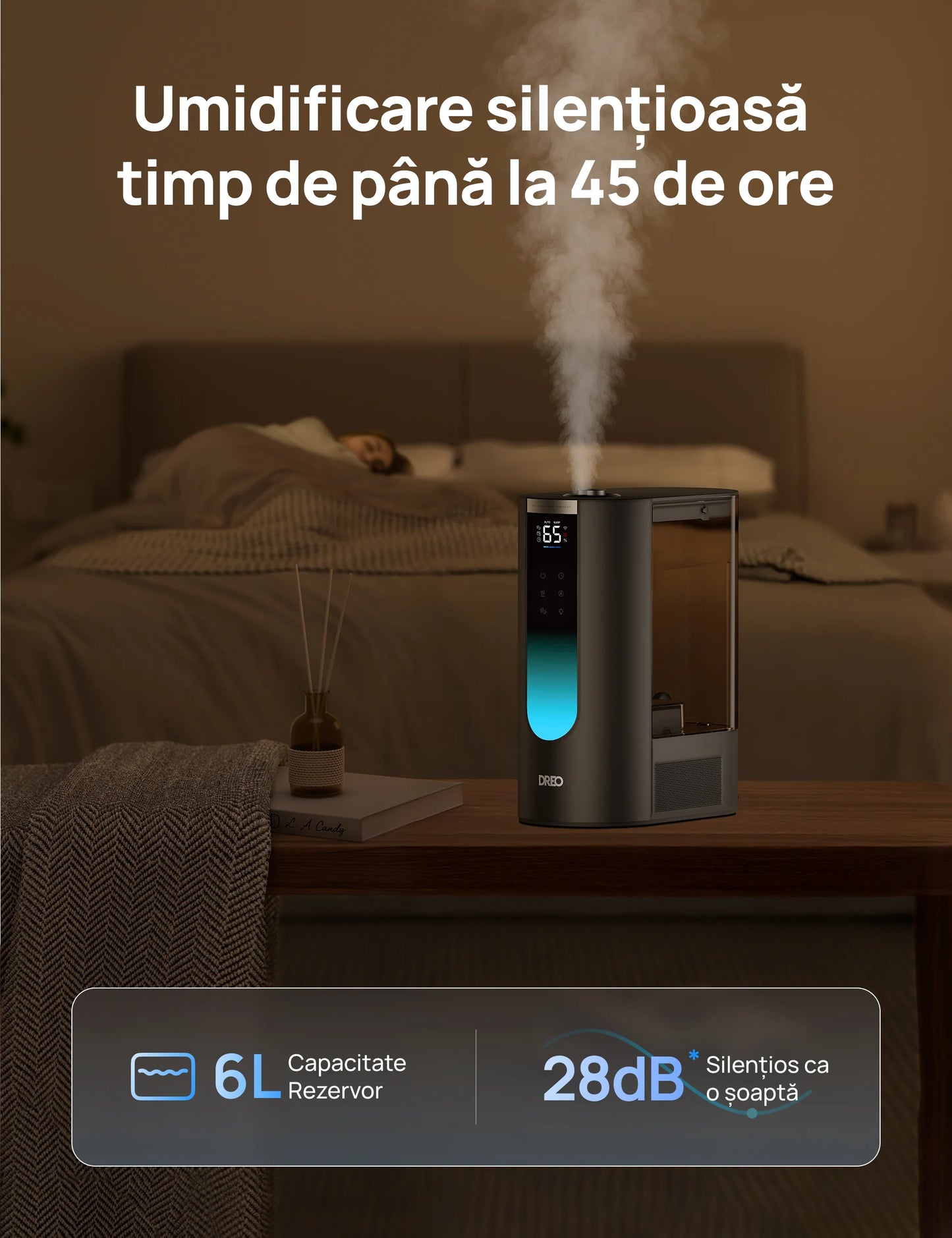 Umidificator de aer Smart DREO 813S, Funcție AUTO, Funcție încălzire, 3 Trepte Umidificare, Duză de ceață, Aromaterapie, Rezervor 6L, Autonomie 60 ore, Negru