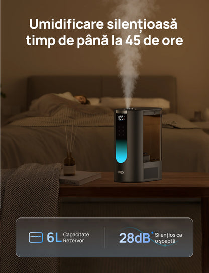 Umidificator de aer Smart DREO 813S, Funcție AUTO, Funcție încălzire, 3 Trepte Umidificare, Duză de ceață, Aromaterapie, Rezervor 6L, Autonomie 60 ore, Negru