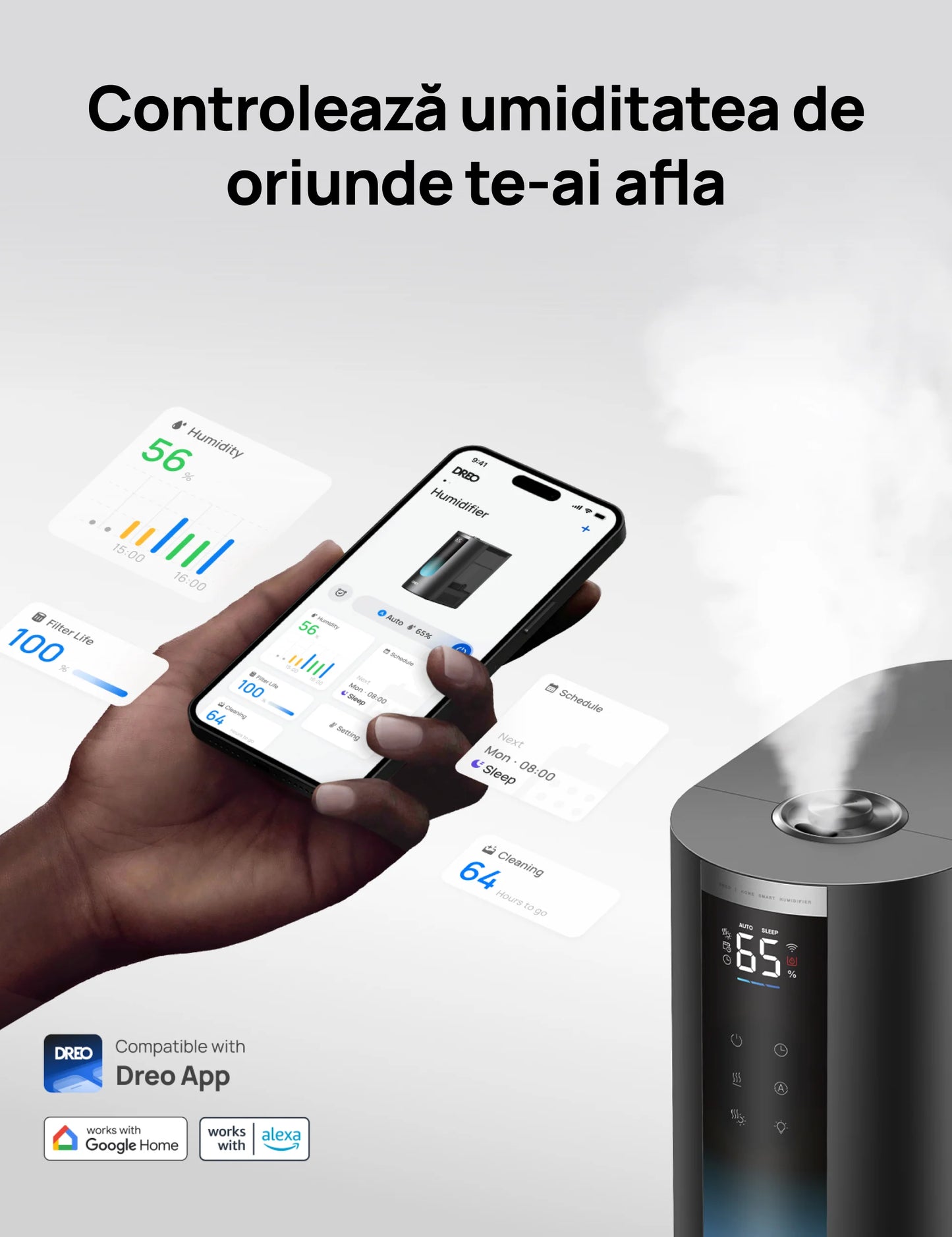 Umidificator de aer Smart DREO DR-HHM010S, Funcție AUTO, 3 trepte umidificare, Aromaterapie, Rezervor 4L, Autonomie 36 ore, Negru