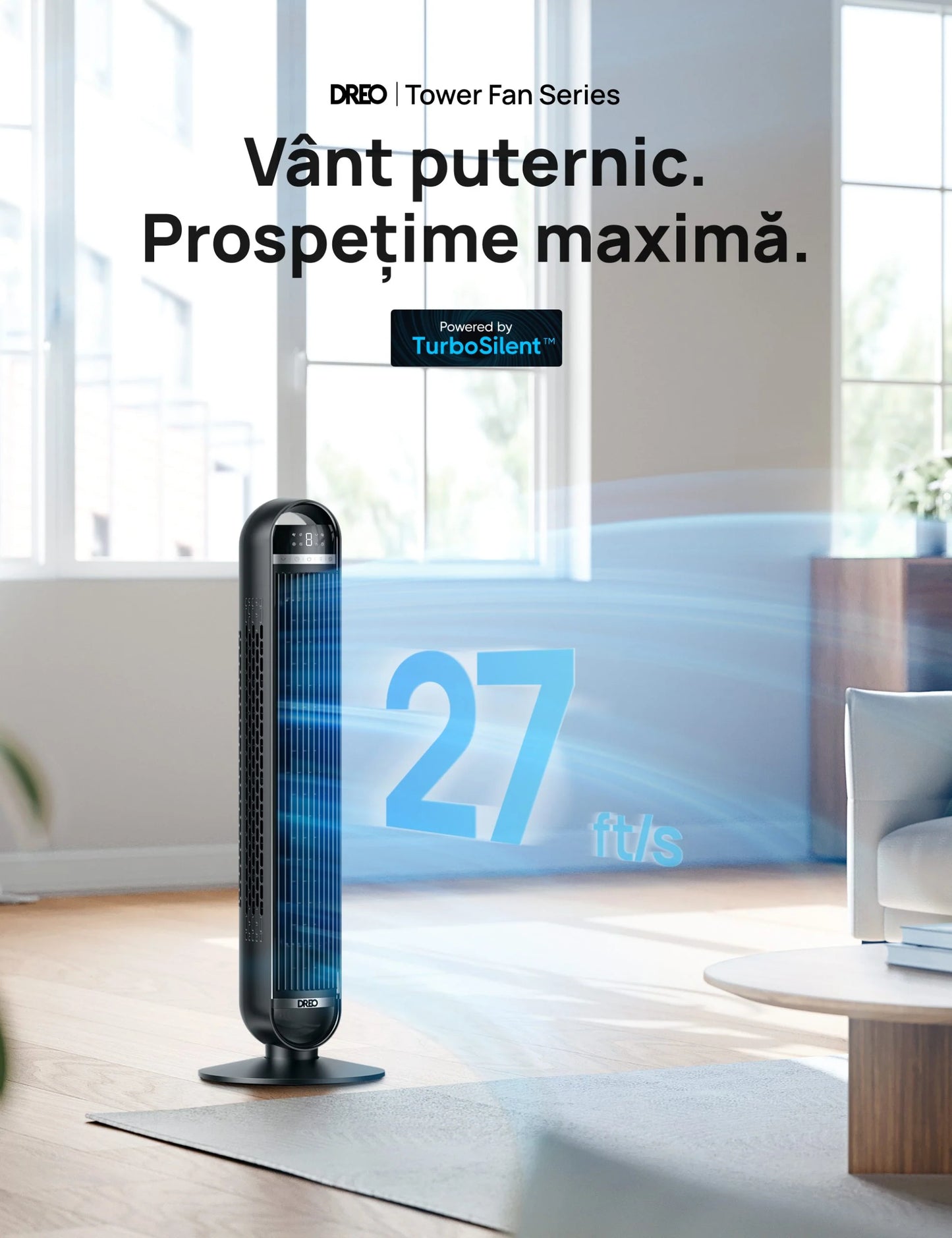 Ventilator Turn DREO Nomad DR-HTF014, 8 Viteze, 4 Moduri Funcționare, 92 cm, HyperSilent 25dB, Oscilație 90°, Telecomandă, Negru