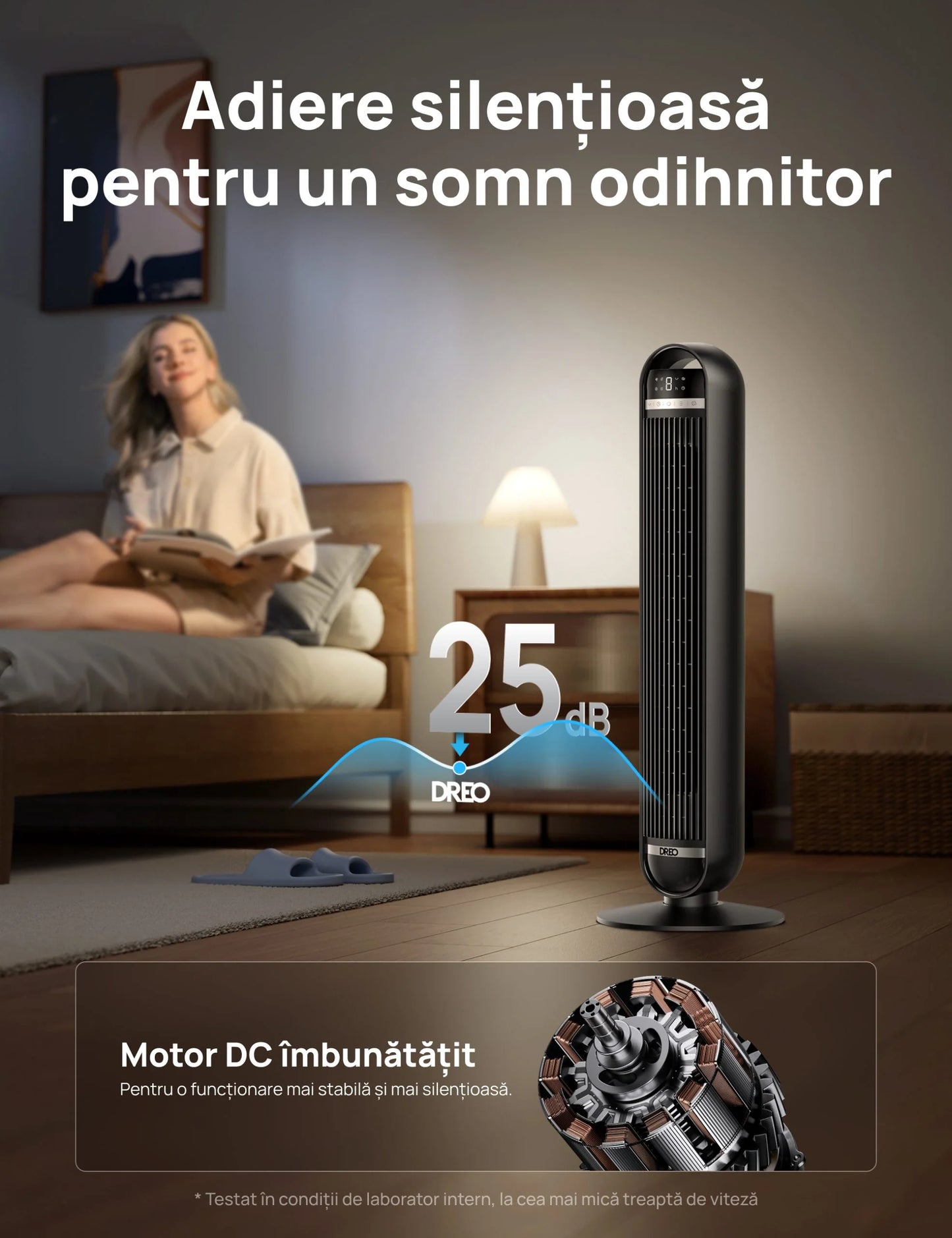 Ventilator Turn DREO Nomad DR-HTF014, 8 Viteze, 4 Moduri Funcționare, 92 cm, HyperSilent 25dB, Oscilație 90°, Telecomandă, Negru